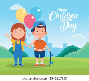happy children day with kids and balloons helium in the field vector illustration design