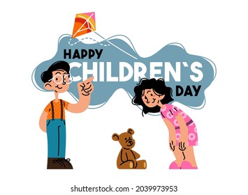  Happy children day, kids playing with kite and doll vector illustration