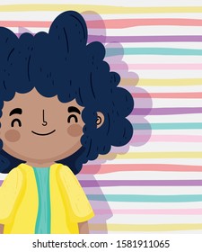 happy children day, little boy black curly hair stripes background