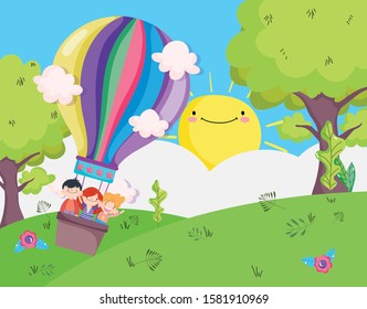 happy children day, little kids in the air balloon field sky cartoon vector illustration