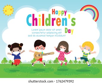 Happy Children Day For New Normal Lifestyle Concept Template For Advertising Brochure Or Poster Flyer, Group Cute Kids Wearing A Surgical Protective Medical Mask For Prevent Coronavirus Or Covid-19