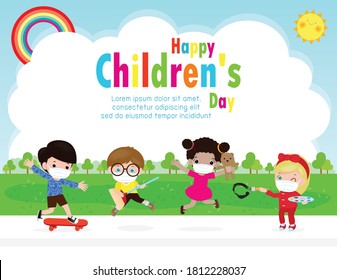 happy children day for new normal lifestyle concept Template for advertising brochure or poster flyer, group cute kids wearing a surgical protective Medical mask for prevent coronavirus or Covid-19