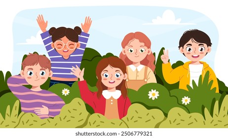 Happy children day. Children playing in the grass. Kids hiding behind plants in park. Cute kids group greeting, waving with hand, portrait. Boys, girls playing outdoor in nature. Flat vector