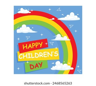 Happy children day. Rainbow colors are among the clouds in the sky. Children Day concept. Flat vector illustration.