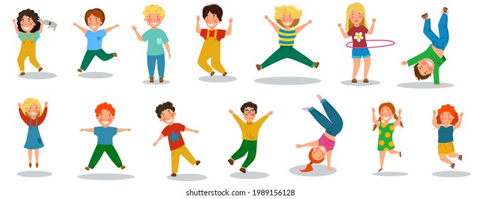 Happy children is a Day. A set of funny little kids who jump and rejoice. Vector illustration in a flat cartoon style.