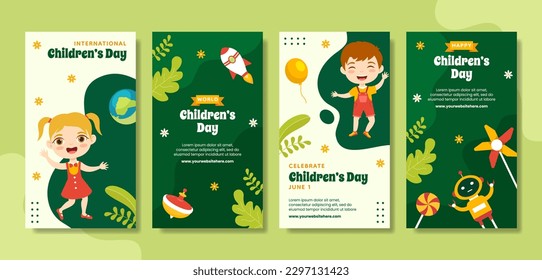 Happy Children Day Social Media Stories Flat Cartoon Hand Drawn Templates Background Illustration