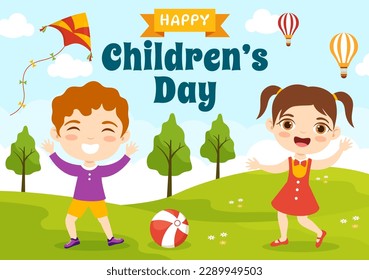 Happy Children Day Vector Illustration with Boy and Girl Kids in Toys on Background Flat Cartoon Hand Drawn for Web Banner or Landing Page Templates