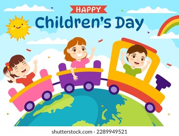 Happy Children Day Vector Illustration with Boy and Girl Kids in Toys on Background Flat Cartoon Hand Drawn for Web Banner or Landing Page Templates