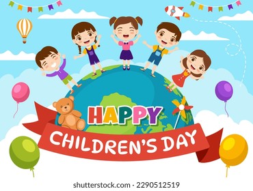 Happy Children Day Vector Illustration with Boy and Girl Kids in Toys on Background Flat Cartoon Hand Drawn for Web Banner or Landing Page Templates