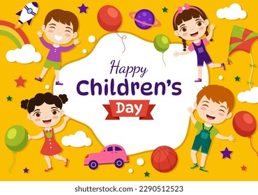 Happy Children Day Vector Illustration with Boy and Girl Kids in Toys on Background Flat Cartoon Hand Drawn for Web Banner or Landing Page Templates