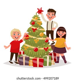 Happy children decorate the Christmas tree. Vector illustration