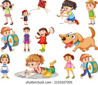 Happy children in different actions illustration