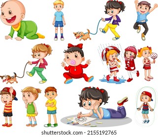 Happy children in different actions illustration