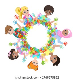 Happy children of different nationalities draw on the wall. Preschool creativity. Colorful illustration in cartoon style isolated on white background.
