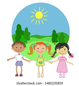 Happy children of different nationalities hold hands, smile, vector illustration