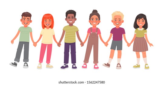 Happy children of different nationalities holding hands are standing together. Multicultural friendly team. Funny boys and girls are playing. Vector illustration in cartoon style