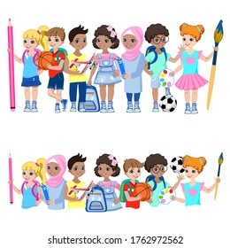 Happy children of different nationalities. Children with paints, pencils, balls, backpacks, books and a toy airplane. Collection of vector illustrations isolated on a white background.