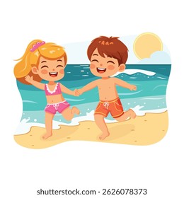 Happy children of different nationalities running holding hands on the beach in bathing suits on white background. Poster, Banner, Flyer, Summer time. Vector illustration in flat cartoon style