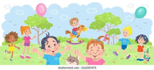 Happy children of different nationalities walk and play in a summer park with toys, balloons and pets. In cartoon style. Vector flat illustration.