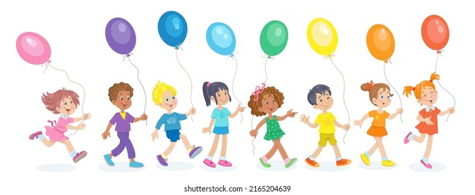 Happy Children Different Nationalities Walk Run Stock Vector (Royalty ...