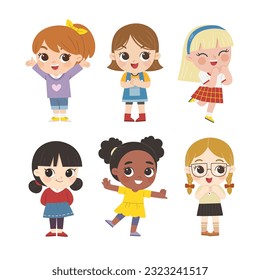 Happy children with different positive emotions. Children jumping and waving their hands in greeting.