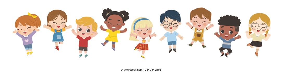 Happy children with different positive emotions. Children jumping and waving their hands in greeting. Children's activities. 