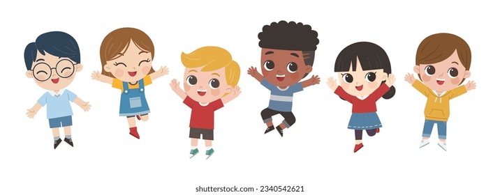 Happy children with different positive emotions. Children jumping and waving their hands in greeting. Children's activities. 