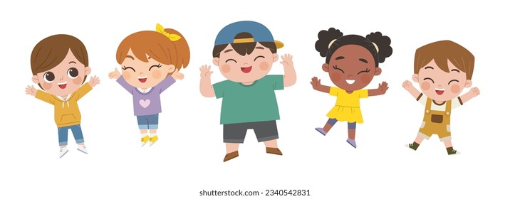 Happy children with different positive emotions. Children jumping and waving their hands in greeting. Children's activities. 