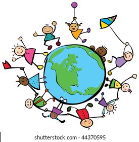 Happy children of different races around  the Earth.