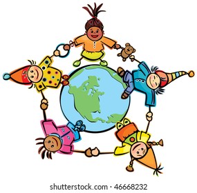 Happy children of different races around the Earth.