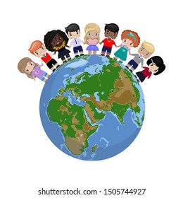 happy children of different races and colors holding hands and standing on the globe, the planet. color vector illustration on white background