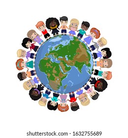 happy children of different races and colors holding hands and standing on the globe, the planet. color vector illustration on white background