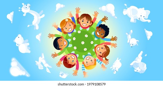 Happy children of different races hands up around the Globe as a symbol for international unity and peace on blue background with different funny clouds animal shaped. Cartoon vector illustration.