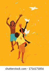 Happy children of different races playing with each other. The conception of freedom, peace, and friendship. Kids and the white dove of peace. Hand drawn illustration. 