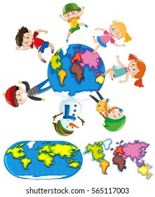 Happy children and different styles of worldmap illustration