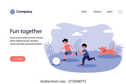 Happy children and dog playing ball outdoors. Kids, pet, summer flat vector illustration. Childhood, outdoor activity, vacation concept for banner, website design or landing web page