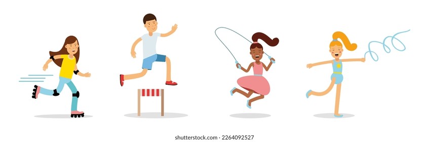 Happy Children Doing Different Sport Activity Vector Set