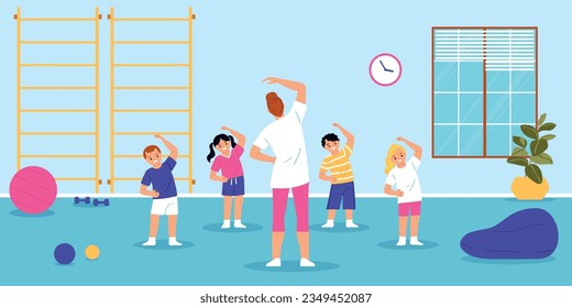 Happy children doing physical exercises with teacher in kindergarten flat vector illustration