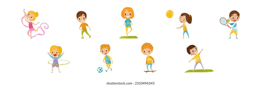 Happy Children Doing Sport and Physical Exercise Vector Set