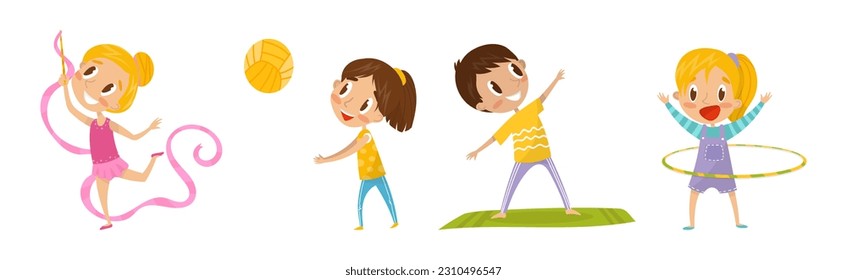 Happy Children Doing Sport and Physical Exercise Vector Set