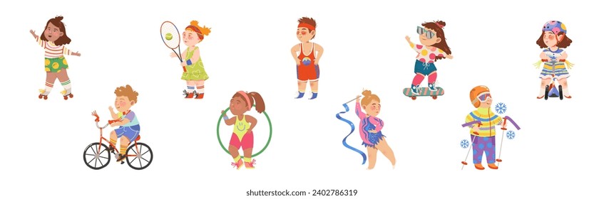 Happy Children Doing Sport Physical Activity Vector Set