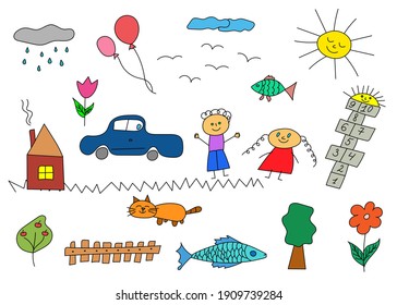 Happy children doodle. Set of hand drawn cute doodles. Doodle children drawing. Collection of elements in childish doodle style