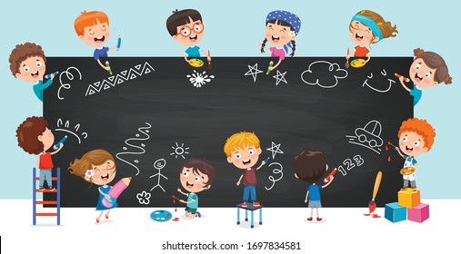 Happy Children Drawing On Blackboard