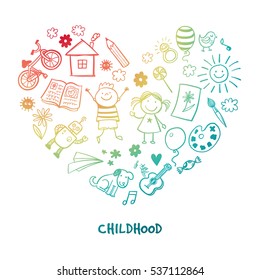 Happy children drawing vector doodle heart