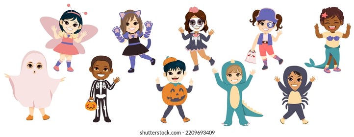 Happy children dressed in carnival clothes. Set of kids disguised in funny and scary costumes for Halloween party. Cute girls and boys in school festival outfit