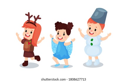 Happy Children Dressed in Christmas Costumes Vector Illustration Set