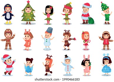 Happy Children Dressed in Christmas Costumes Vector Illustration Set