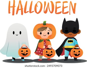 Happy children dressed in costumes on Halloween