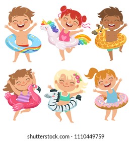 Happy children dressed in rubber circles. Playing games in water park. Summer inflatable ring for sea or pool, vector illustration