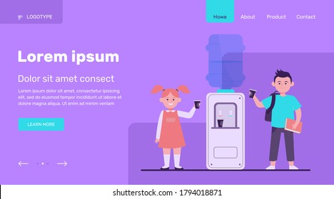 Happy children drinking water at cooler. Students, boy and girl, school hallway flat vector illustration. Beverage, refreshment, watercooler concept for banner, website design or landing web page